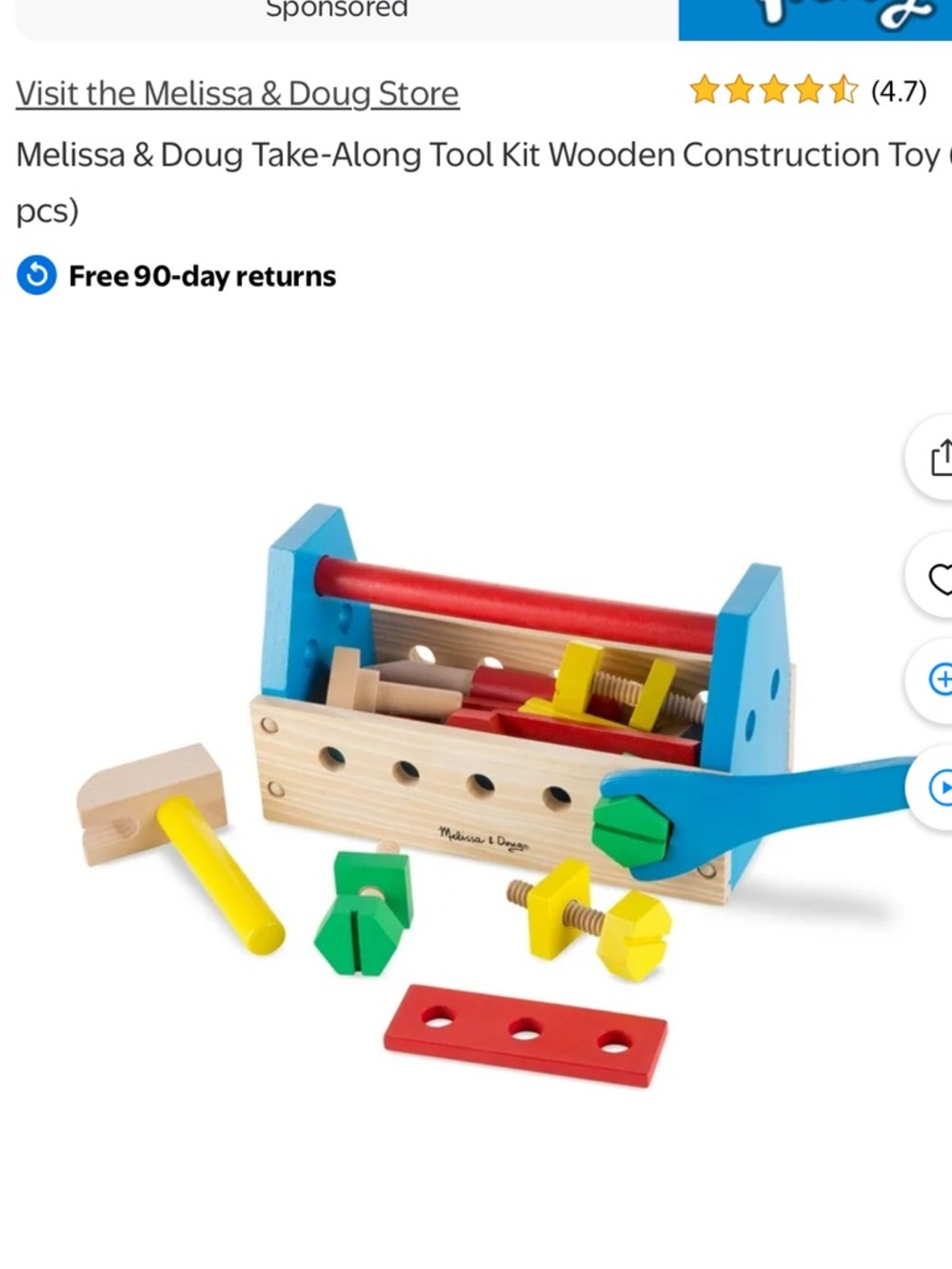 Melissa & Doug Wooden Toolbox Play Set in Blue, Red, Yellow, Green